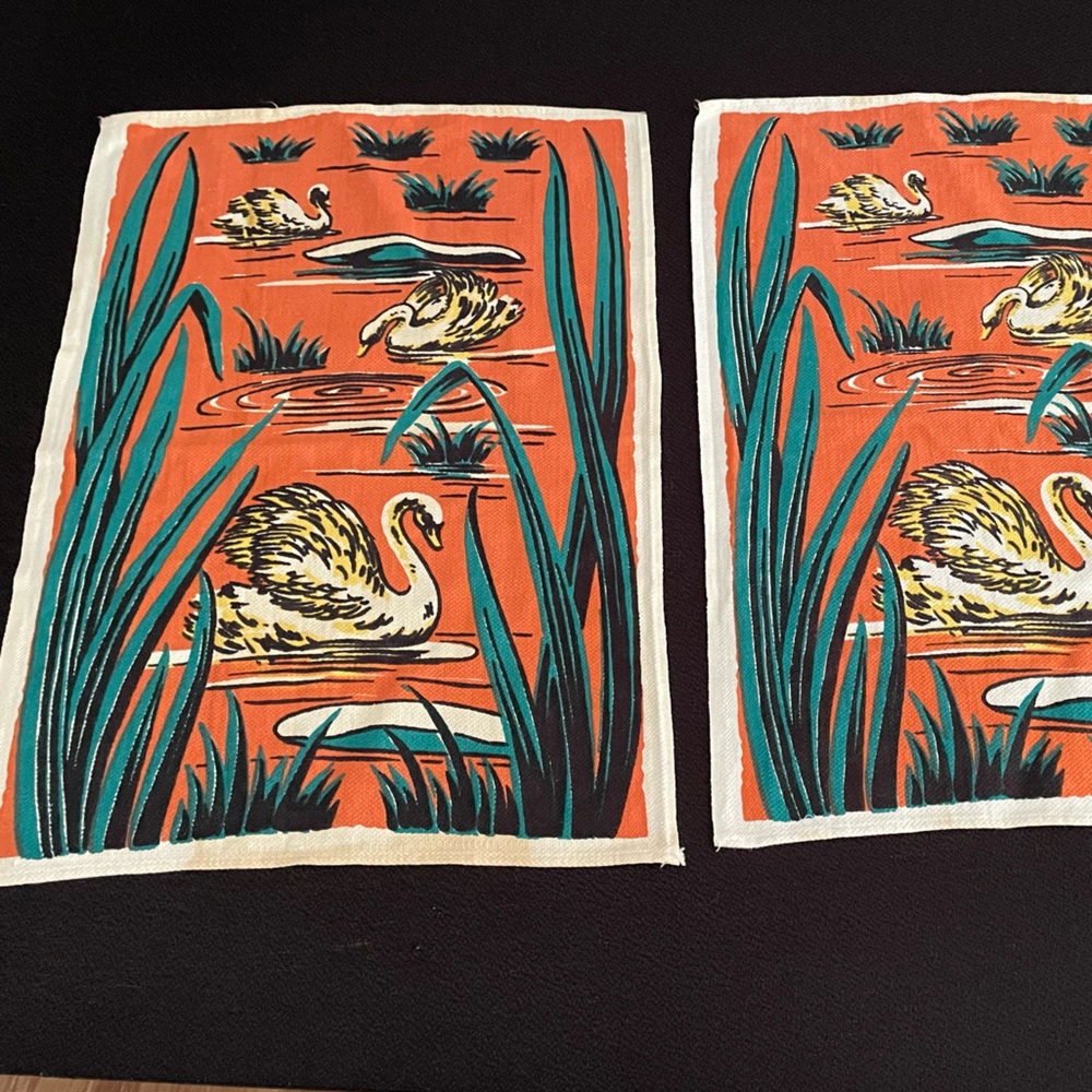 VTG mid-century Startex Handette orange/green swans decorative tea towels (x2) - Picture 2 of 12